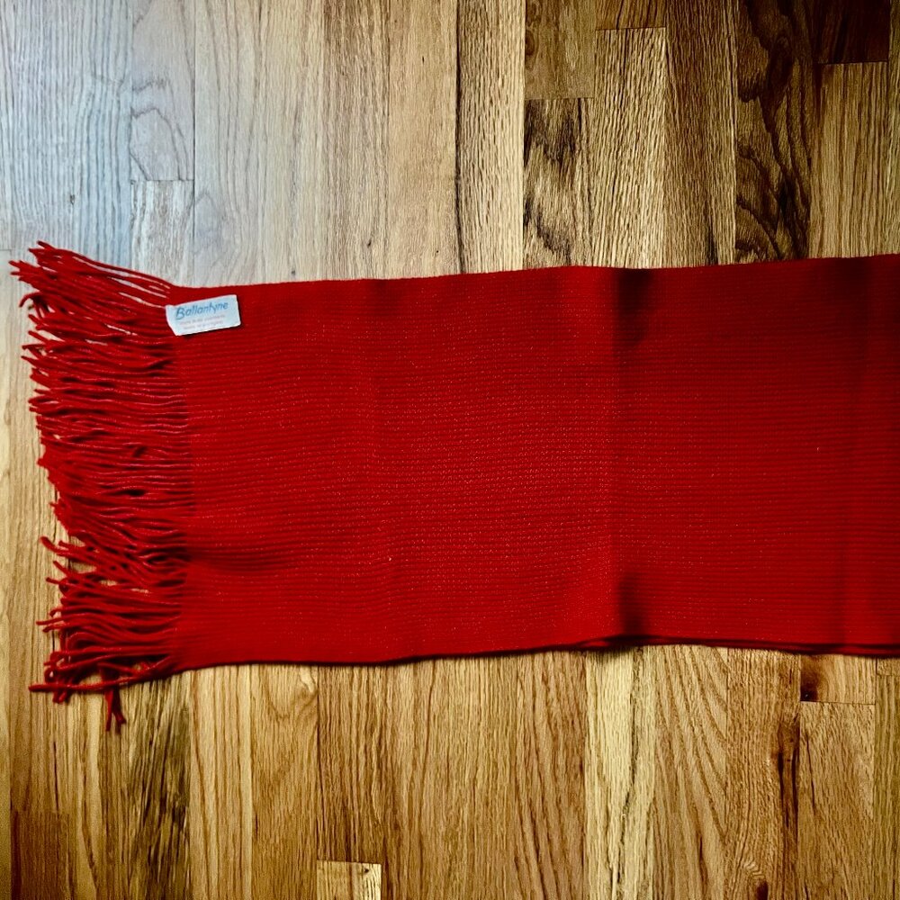 Vintage Ballantyne long red ribbed cashmere scarf with fringe, unisex, Scotland